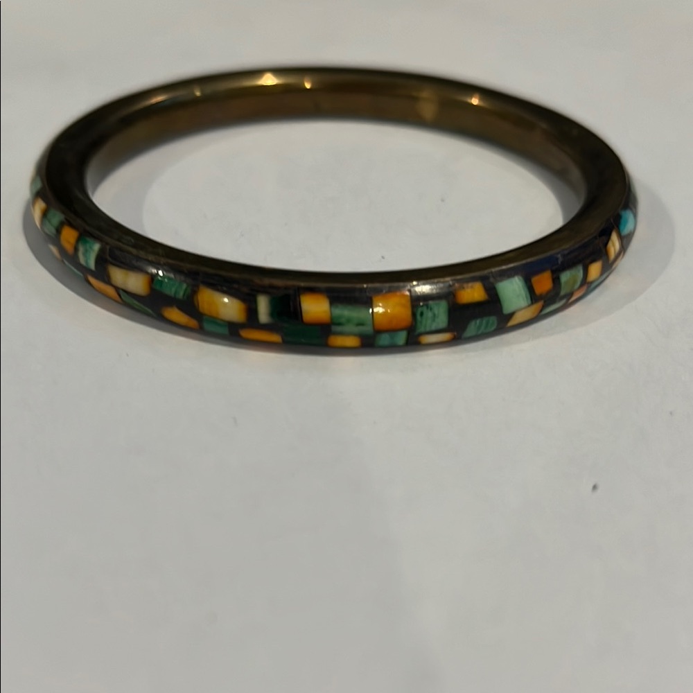 Vintage 1970s Shell Bangle: Brass Multicolor Mosaic Bracelet.